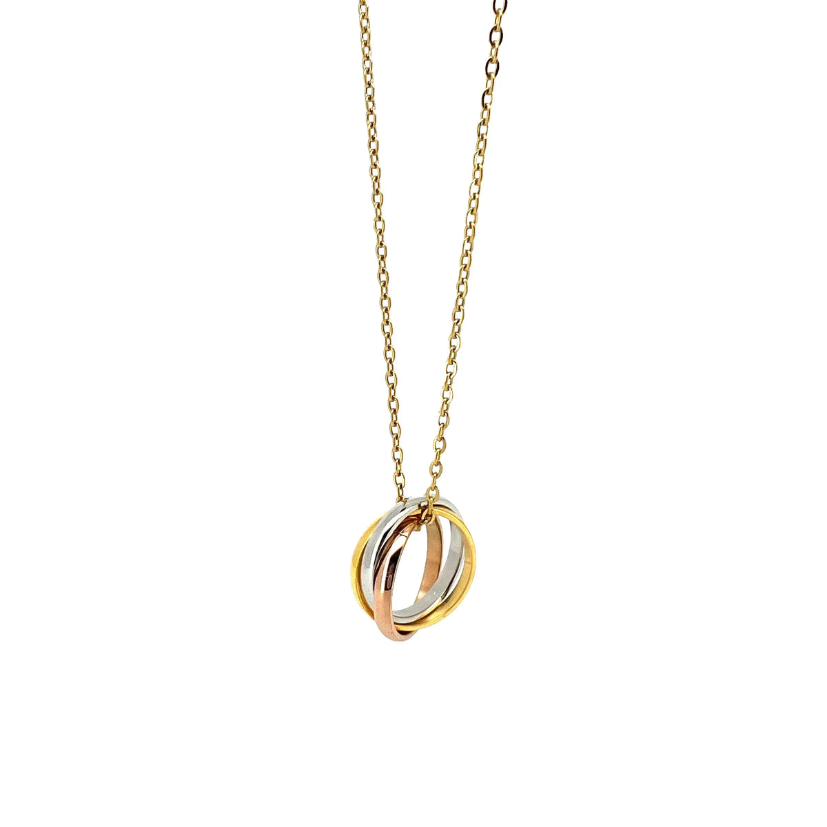 Three interlocking rings in gold, rose gold and silver tones on a delicate gold chain necklace.