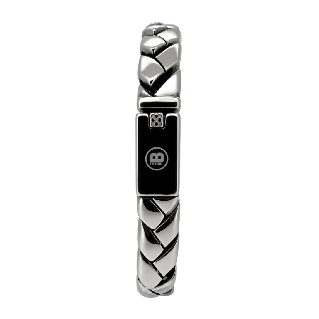 Silver bracelet with a black center and brand logo on a white background