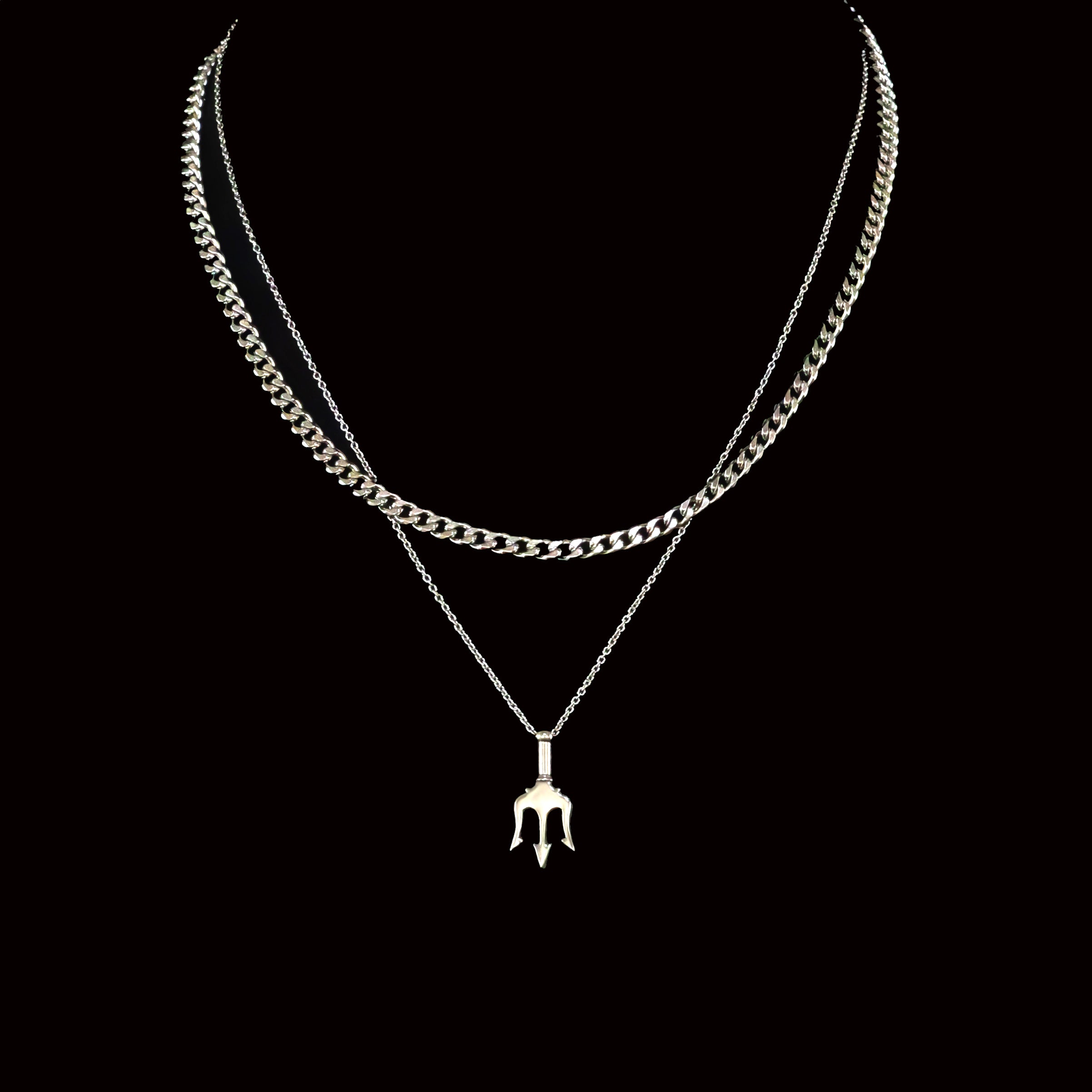 Izechiel Stainless Steel Trident Pendant & Curb Chain Necklace Set
