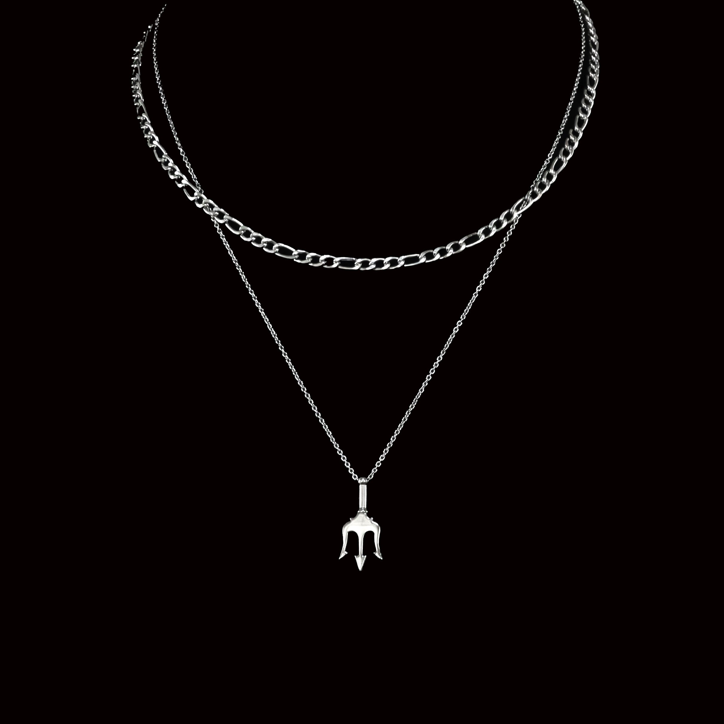 Ferni Stainless Steel Trident Pendant & Figaro Chain Necklace Set
