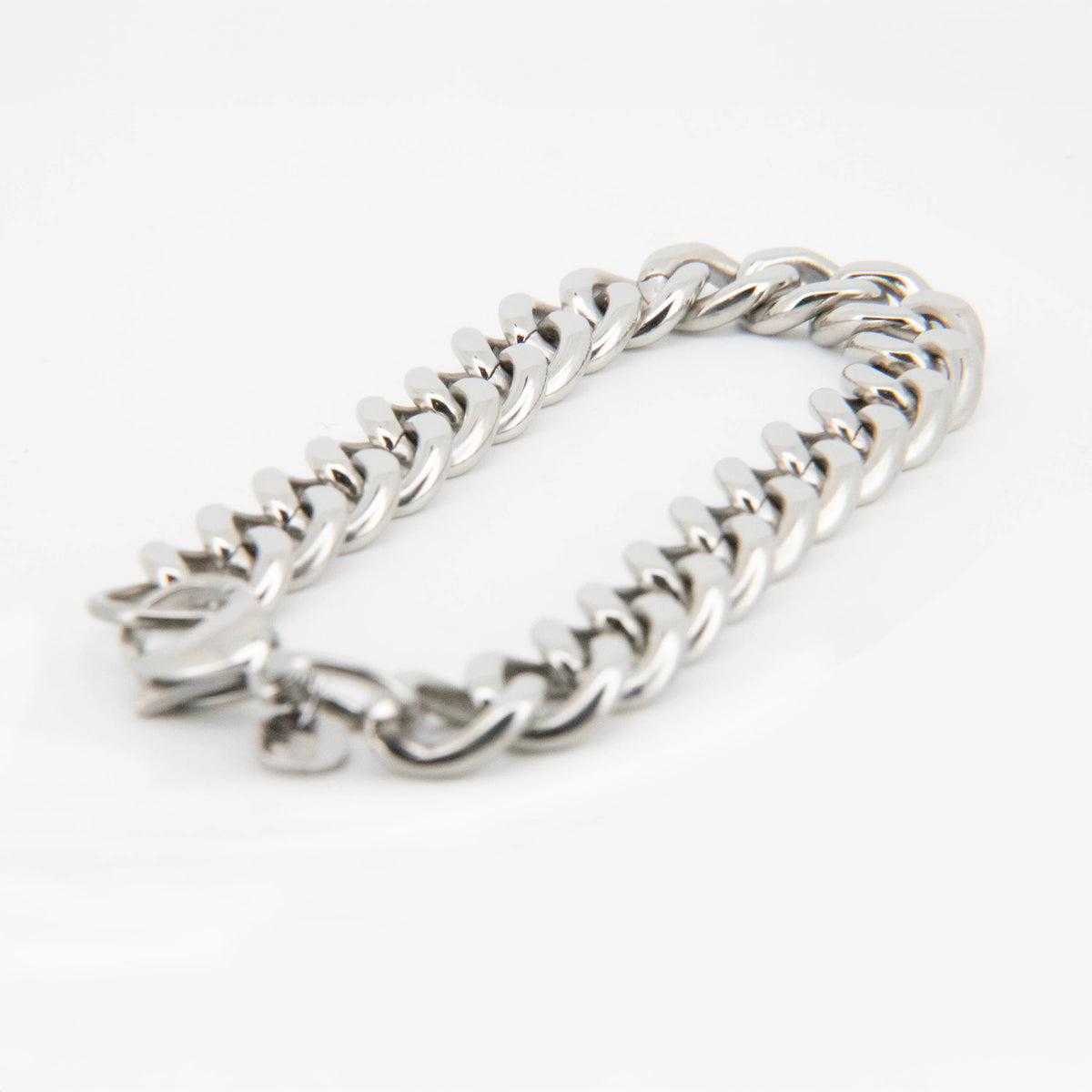 Silver chain bracelet with interlocking links.