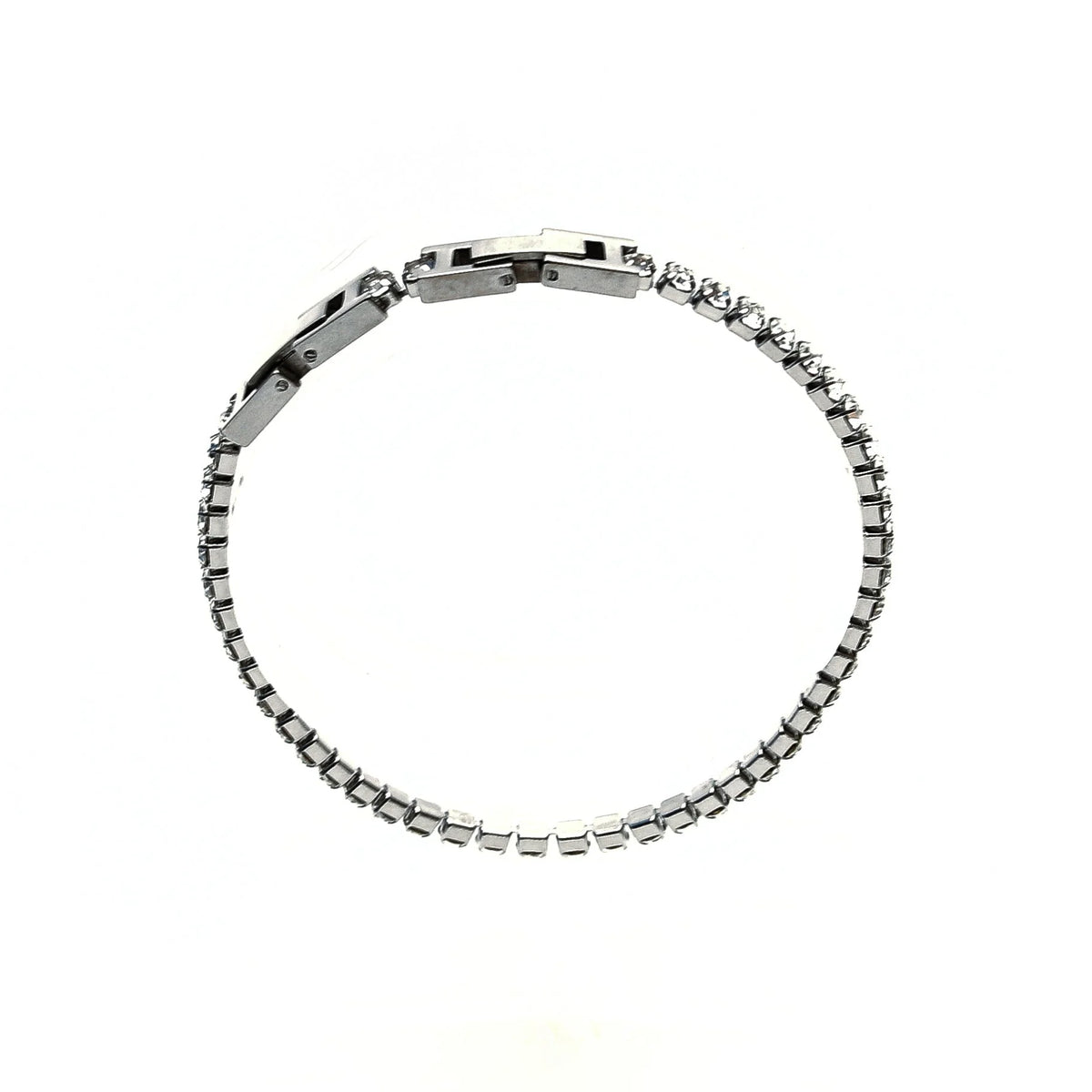 Silver bracelet with a box-link chain design and a clasp.