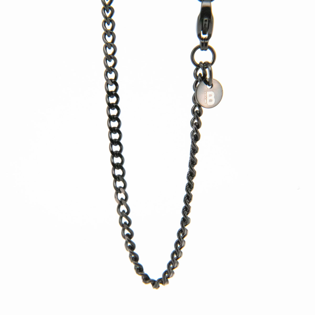 Dark metallic chain necklace with a small pendant.