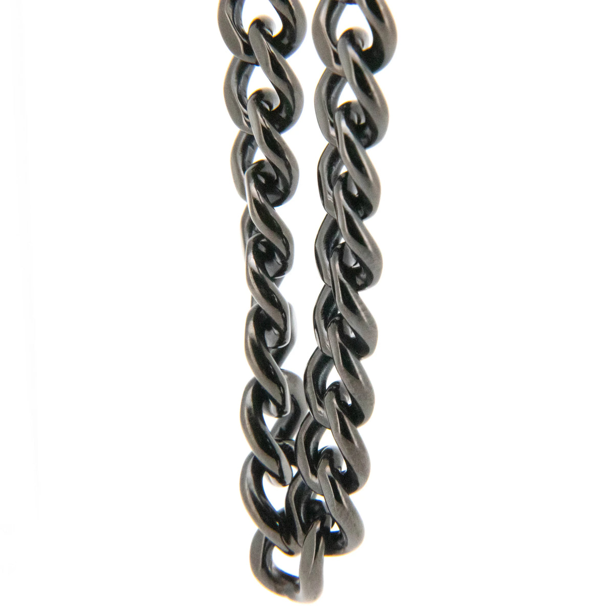 Metal chain with interlocking gunmetal-colored links.