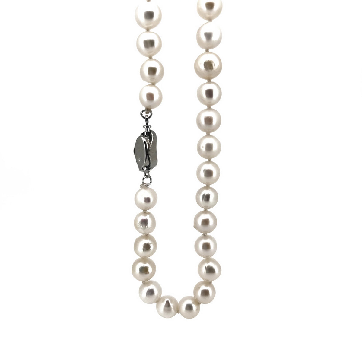 Pearl necklace with a dark metal clasp.