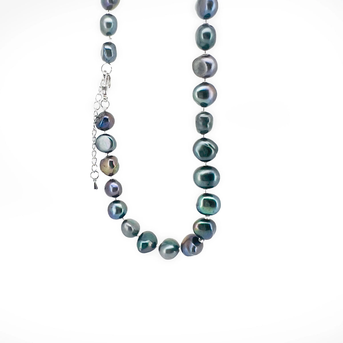 Pearl necklace with iridescent blue-green beads and a silver clasp.