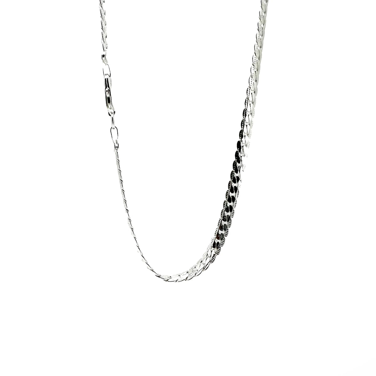 Silver chain necklace with a delicate link pattern.