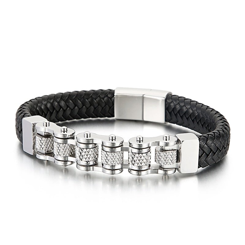 Faustín Stainless Steel & Cowhide Motorcycle Chain Bracelet