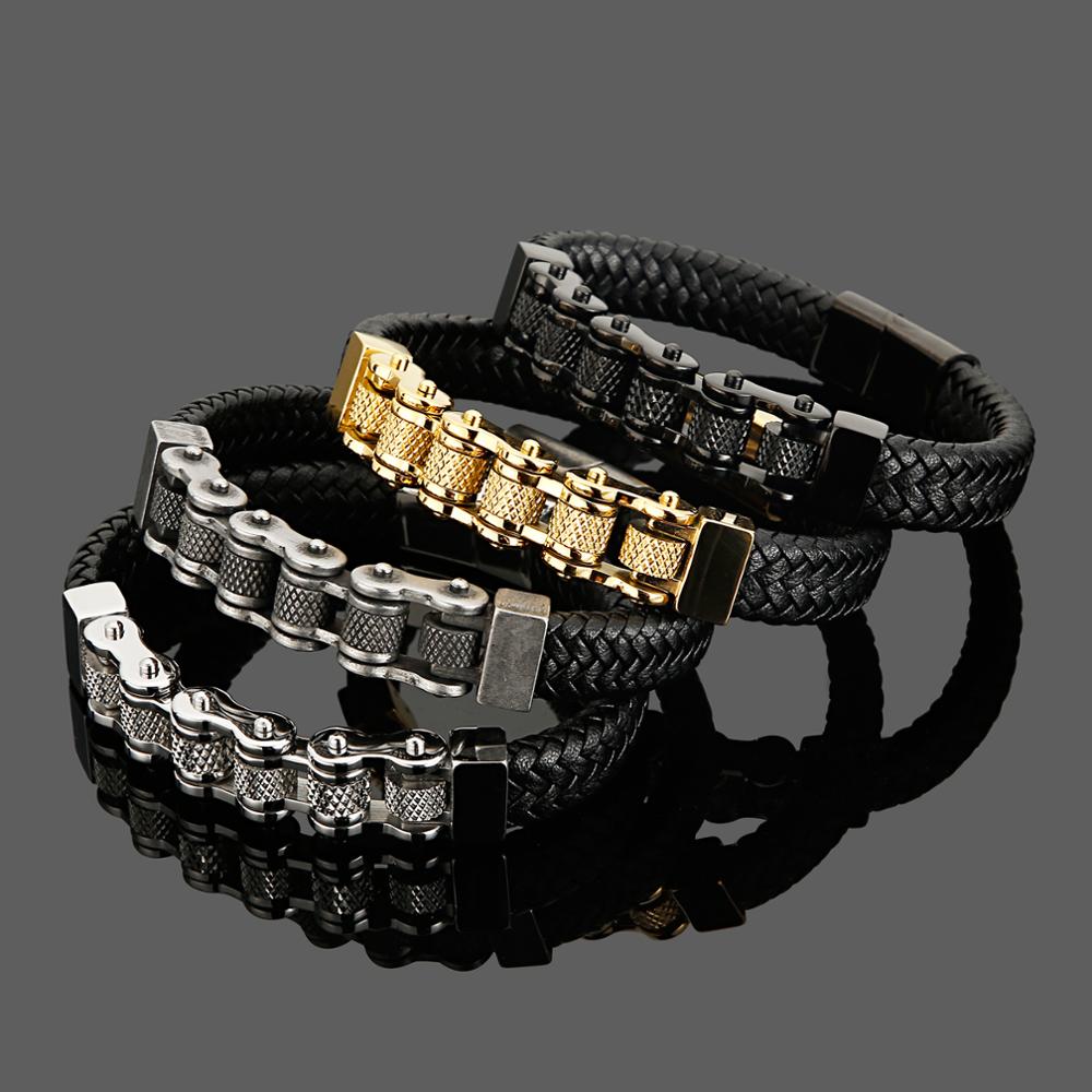 Faustín Stainless Steel & Cowhide Motorcycle Chain Bracelet