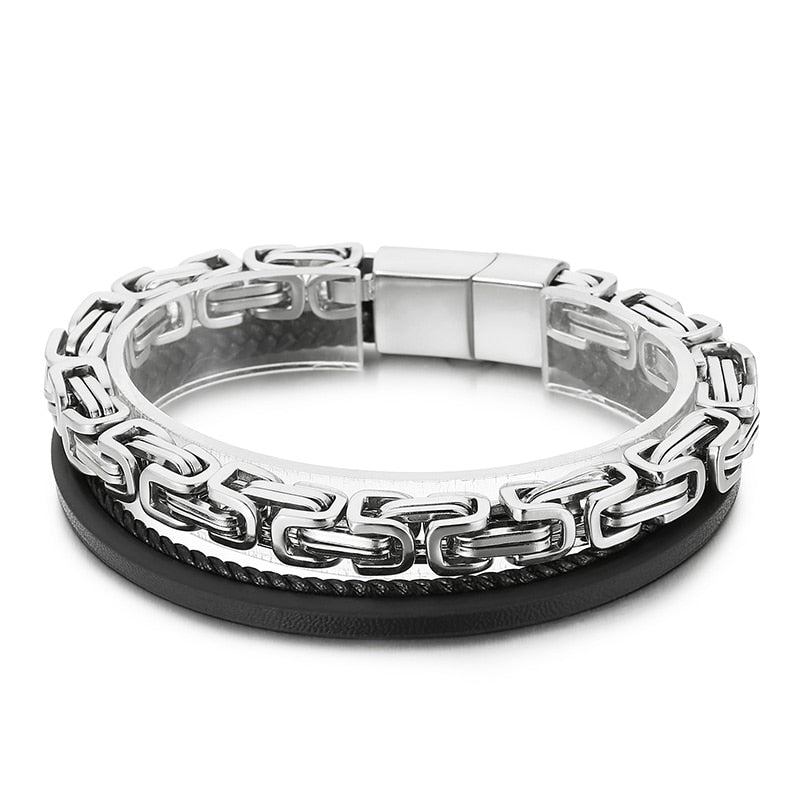 Florez Steel & Cowhide Royal King Double Layer Chain Bracelet