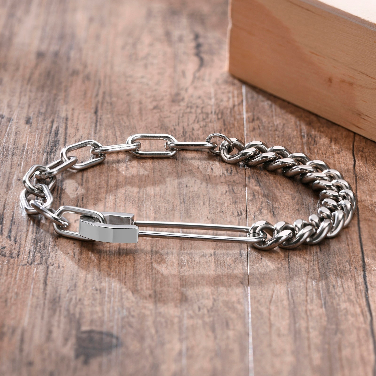 Nicasio Gerardo Safety Pin Half Cuban & Half Rectangle Chain Bracelet
