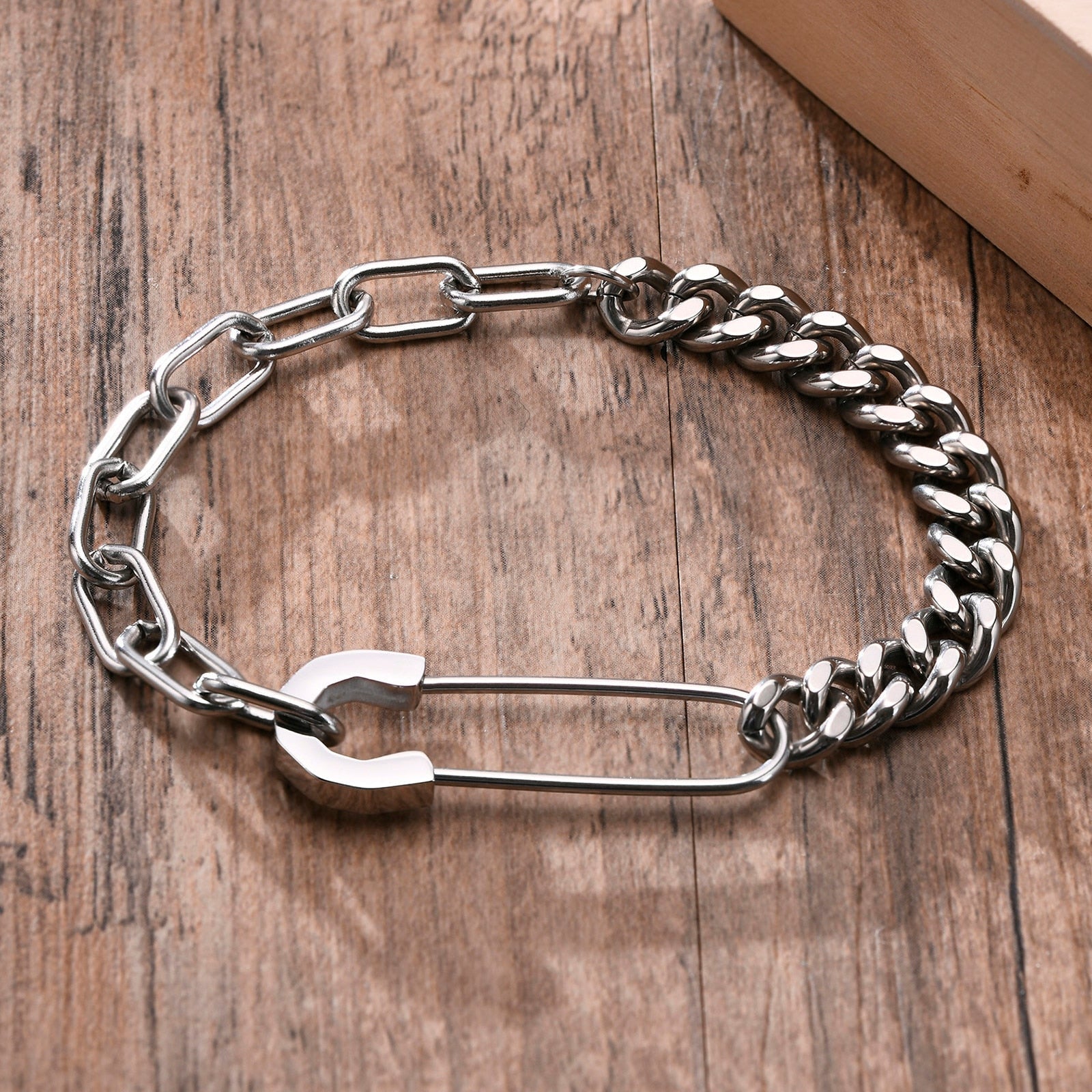 Nicasio Gerardo Safety Pin Half Cuban & Half Rectangle Chain Bracelet