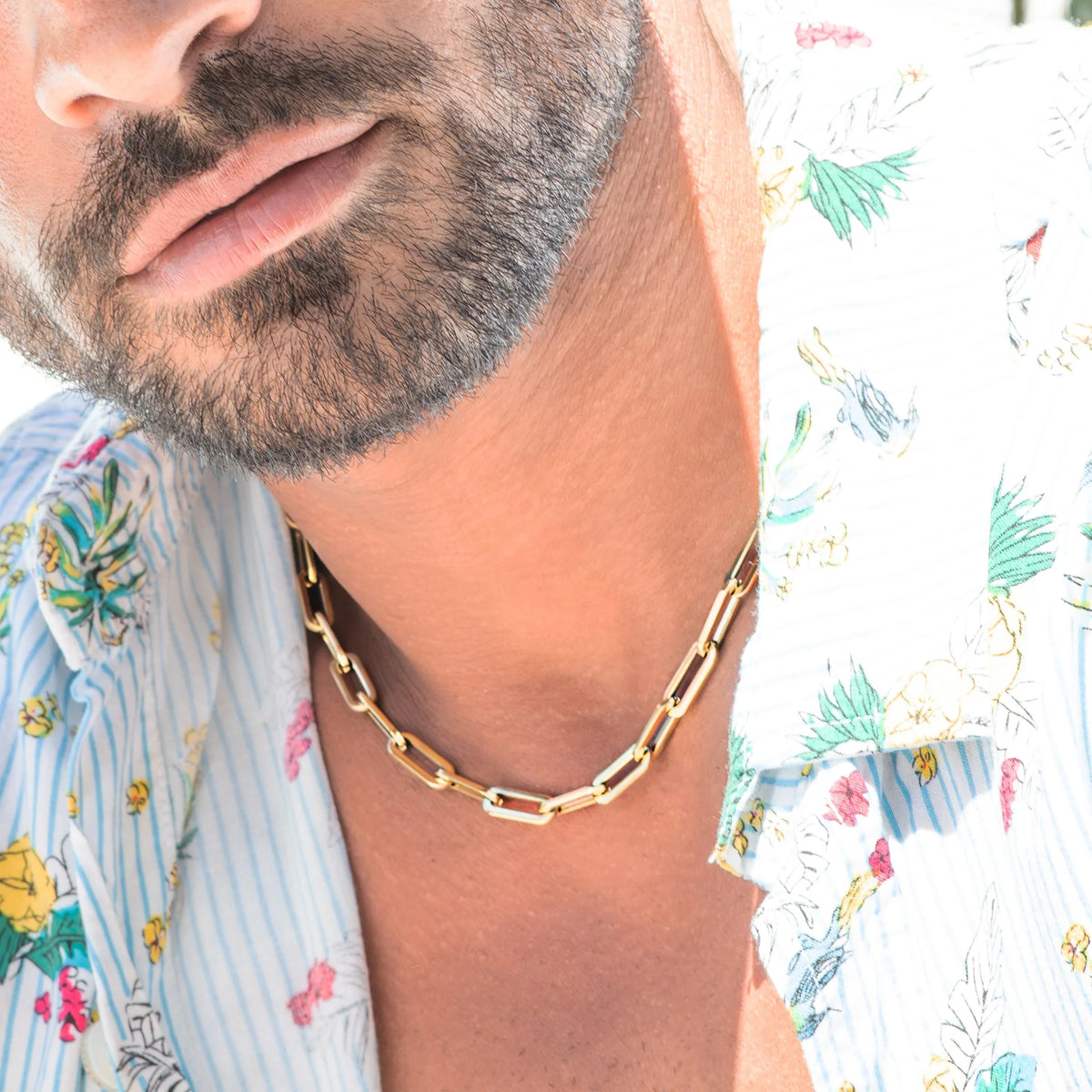 Gold chain necklace worn around a person’s neck.