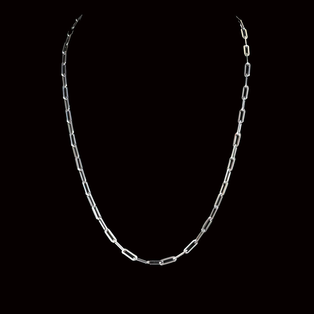 Silver chain necklace with elongated links.