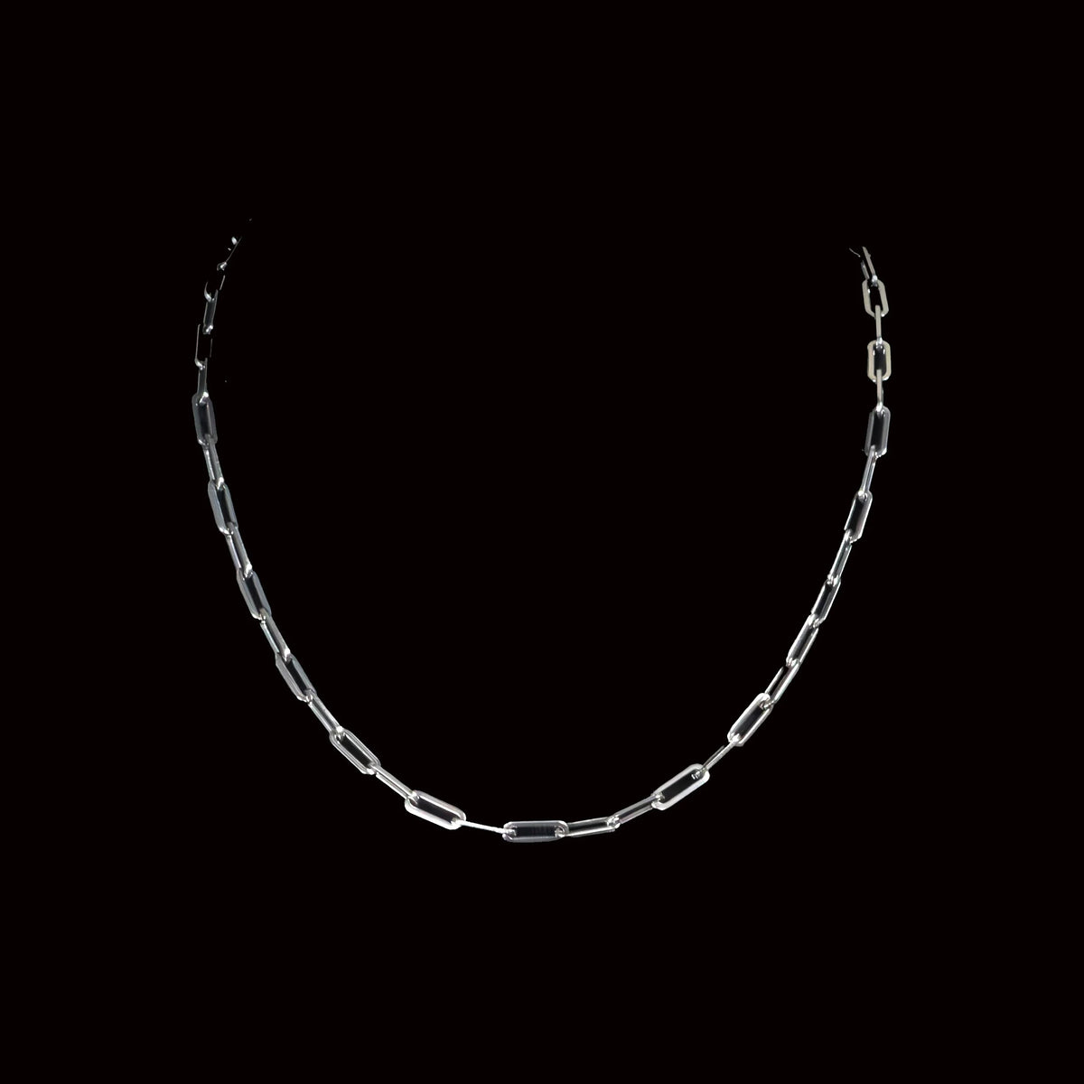 Silver chain necklace with elongated oval links.