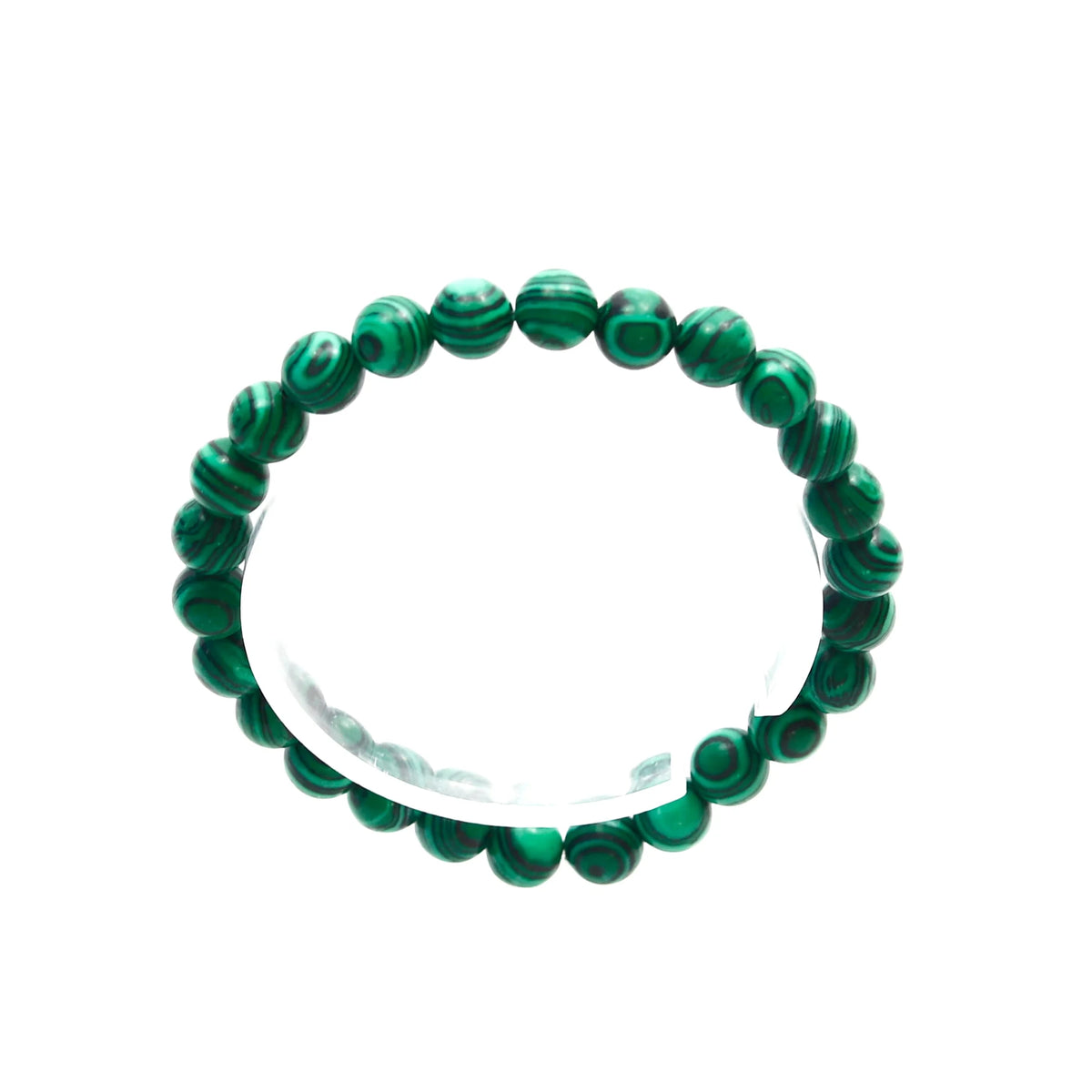 Green malachite bead bracelet with swirled patterns.