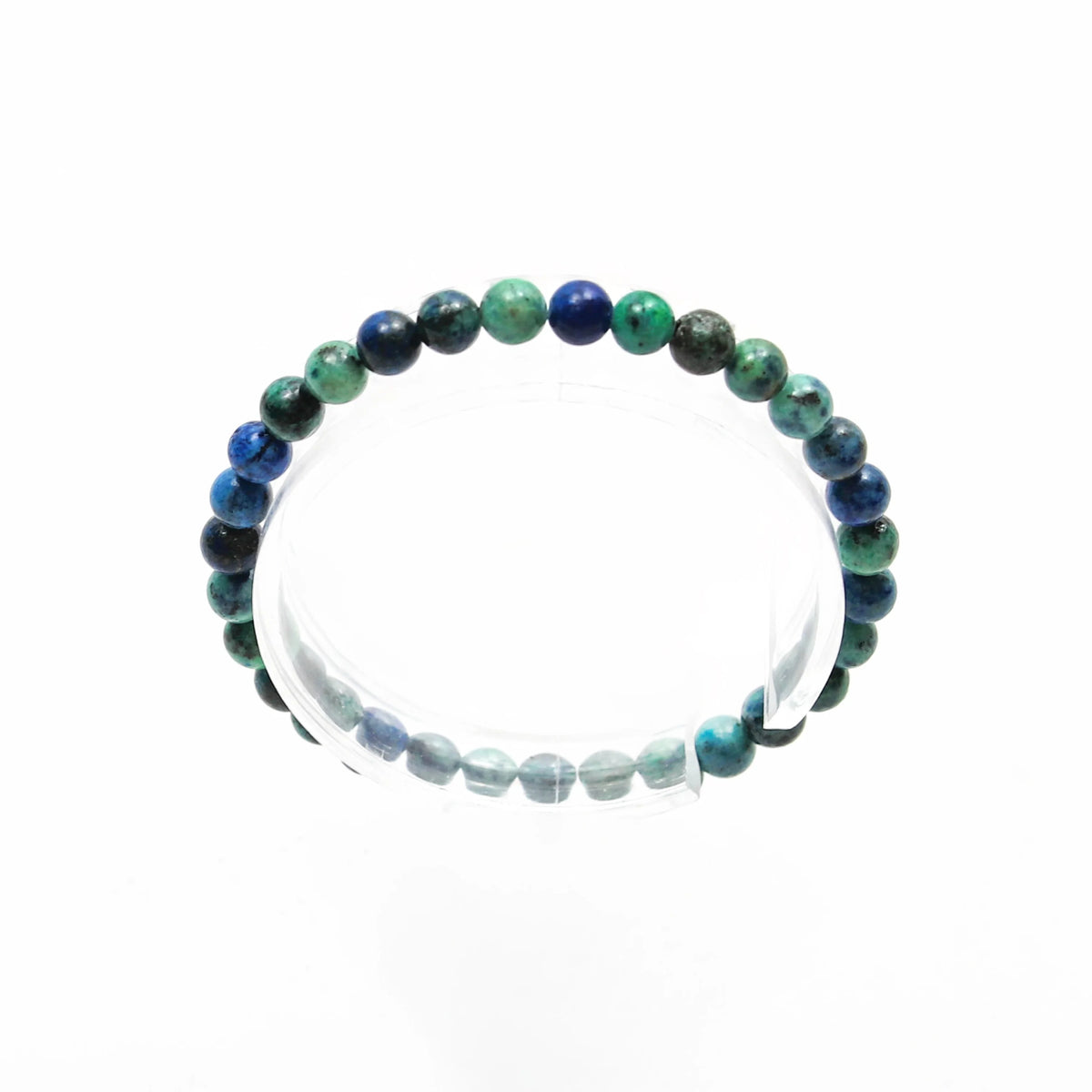 Beaded bracelet with blue and green gemstones.