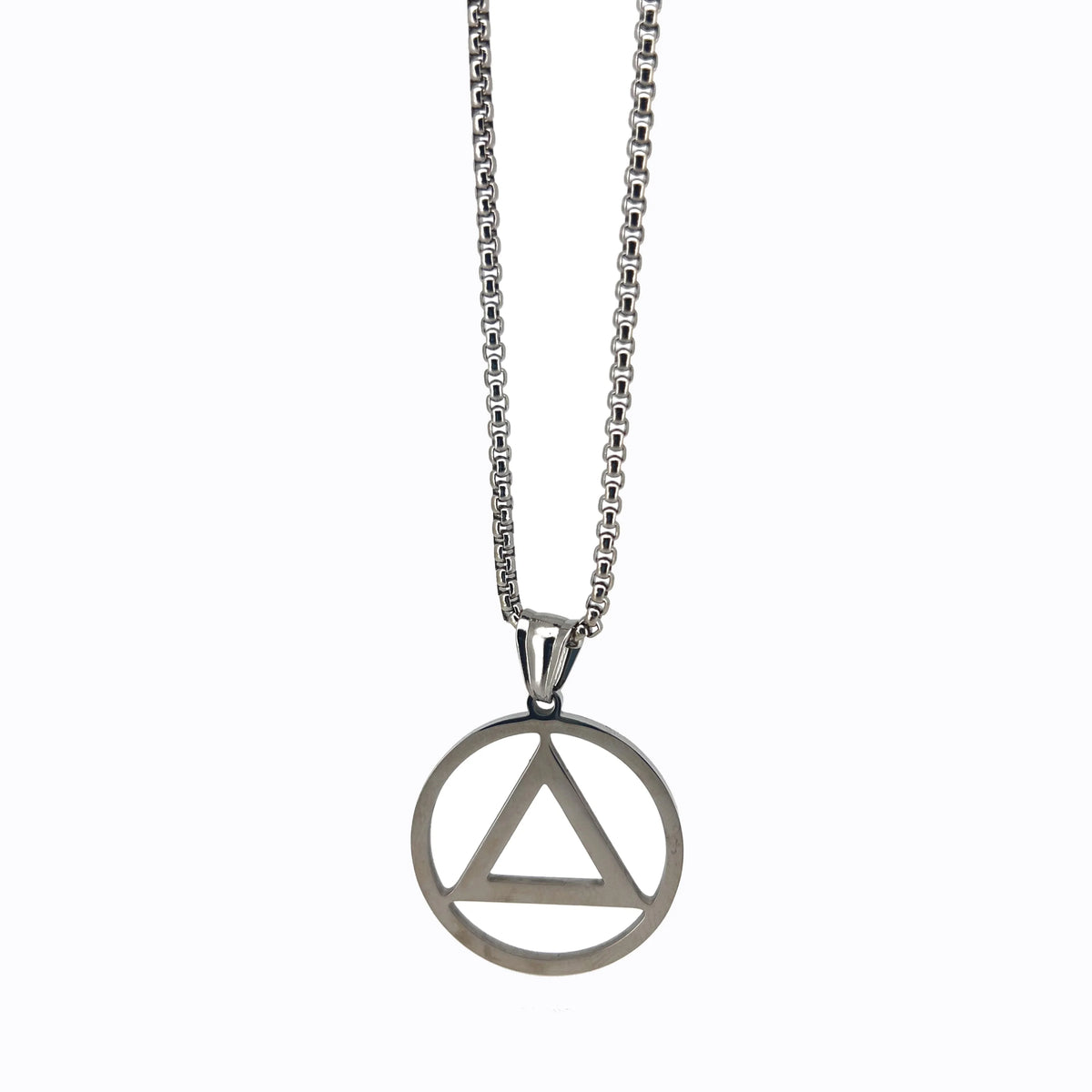 Silver pendant necklace featuring a triangle within a circle symbol.