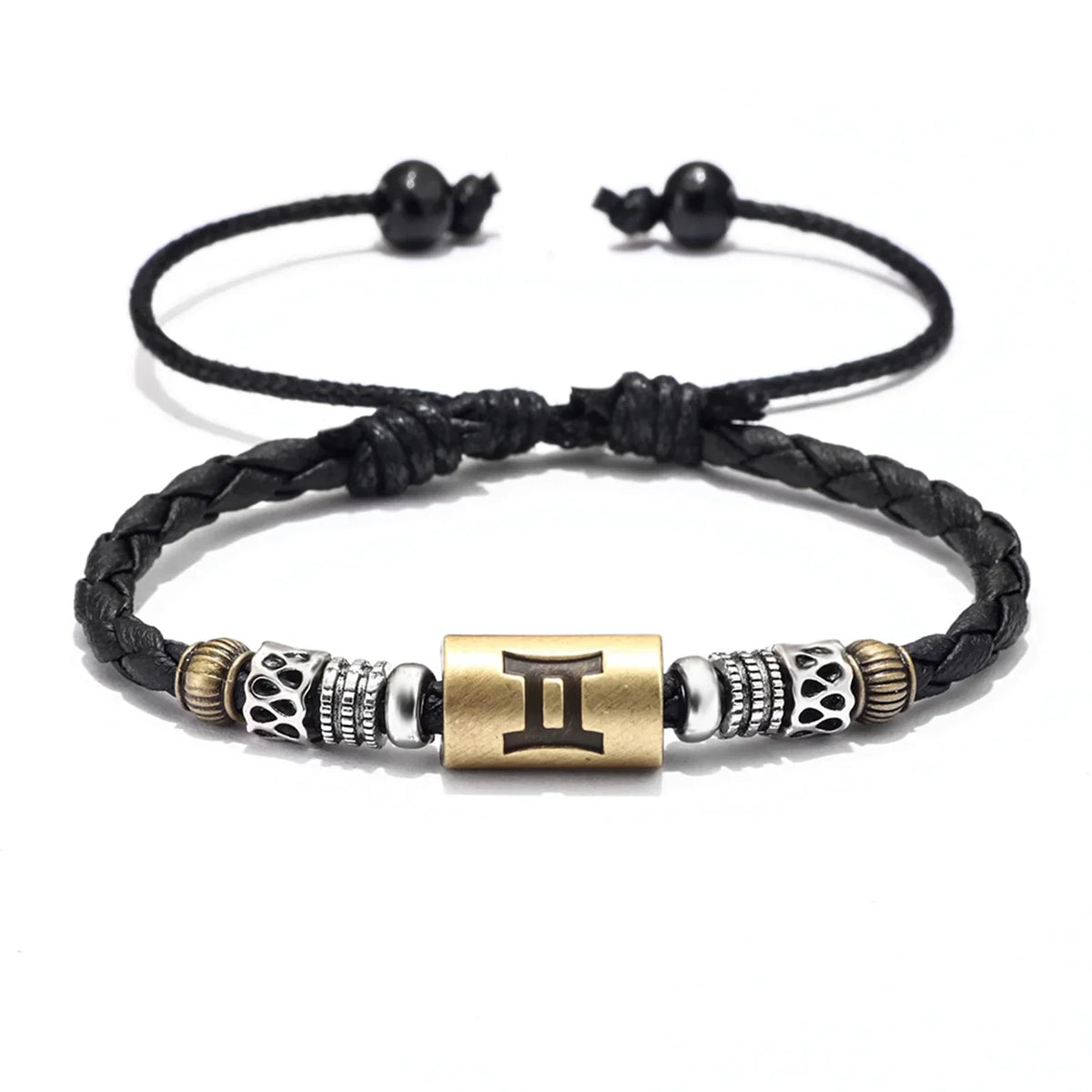 Black leather bracelet with metal beads and a gold Gemini zodiac symbol charm.