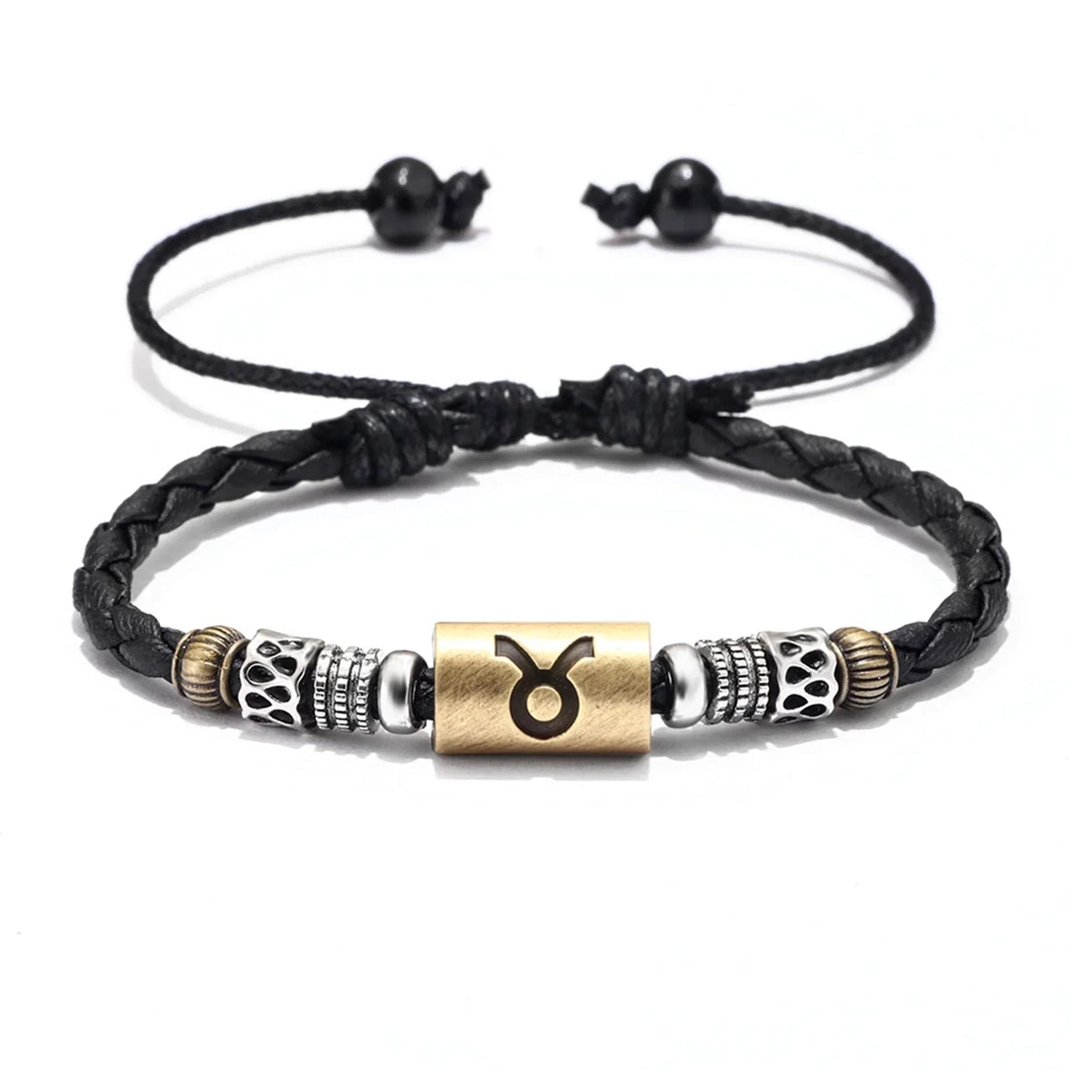 Black leather bracelet with zodiac symbol charm and decorative metal beads.