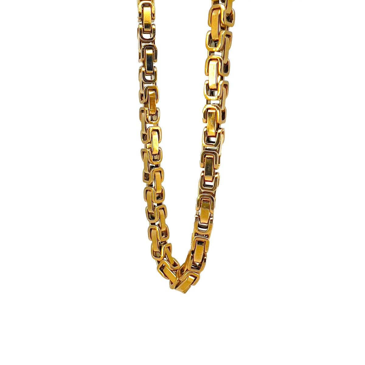 Gold chain necklace with interlocking rectangular links.