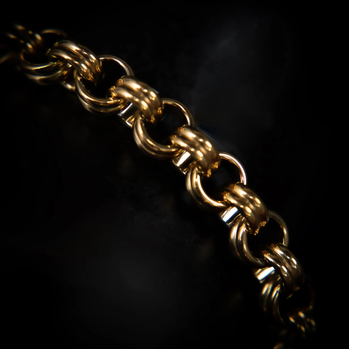 Gold chain bracelet with interlocking circular links.