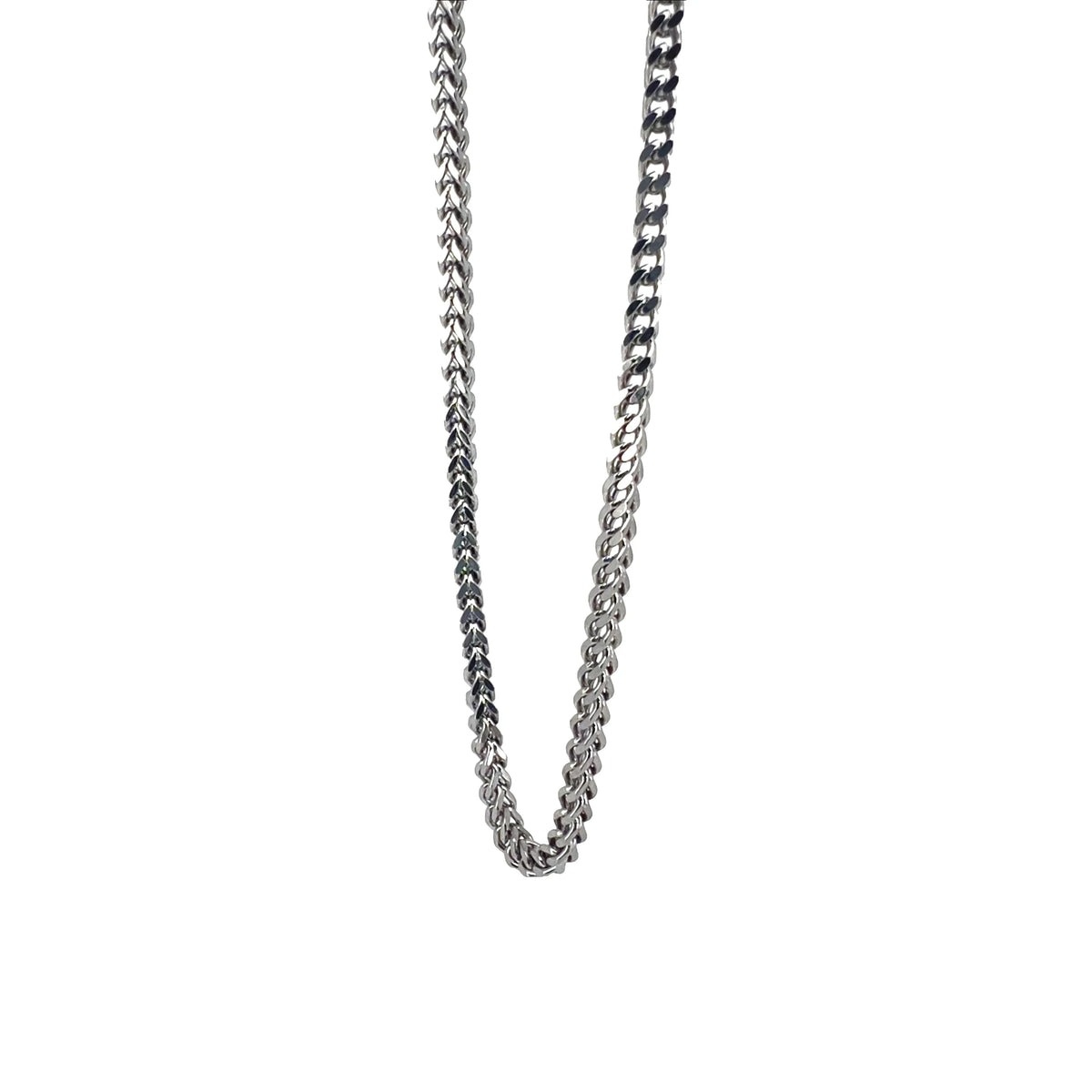 Silver chain necklace with interlocking links.