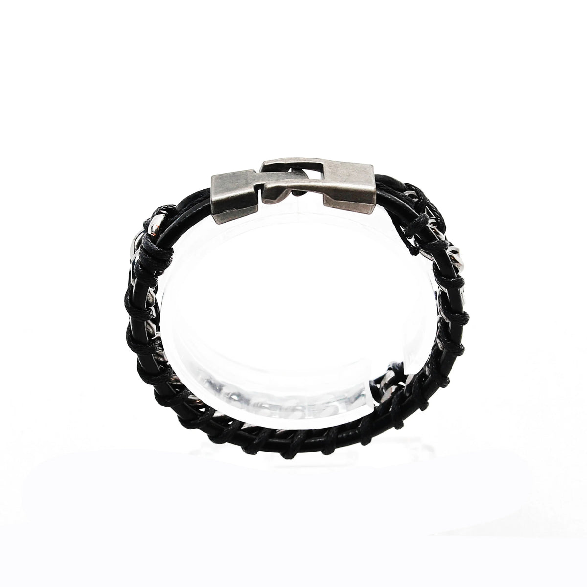 Black braided leather bracelet with a silver metal clasp.