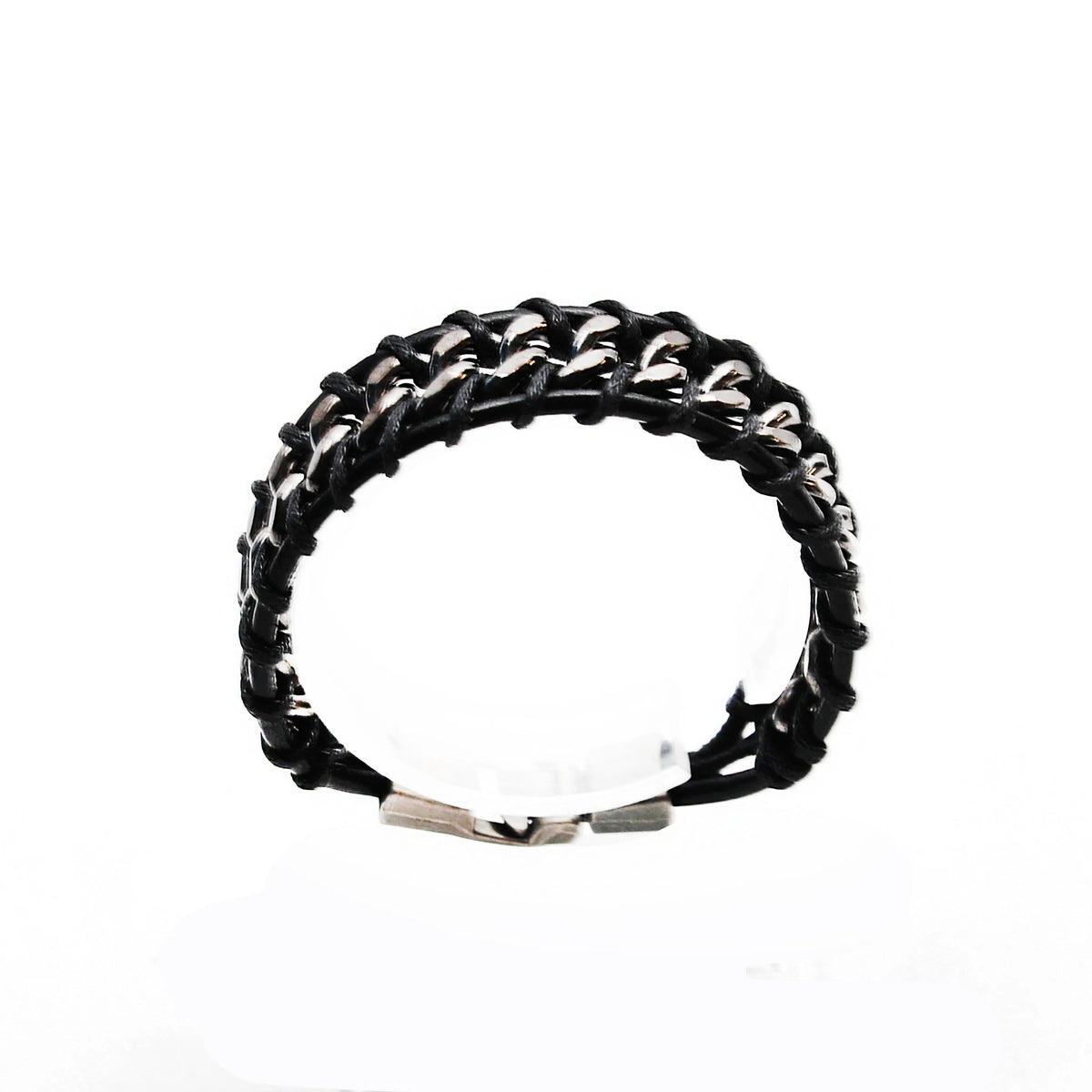 Woven black and silver bracelet with a clasp closure.