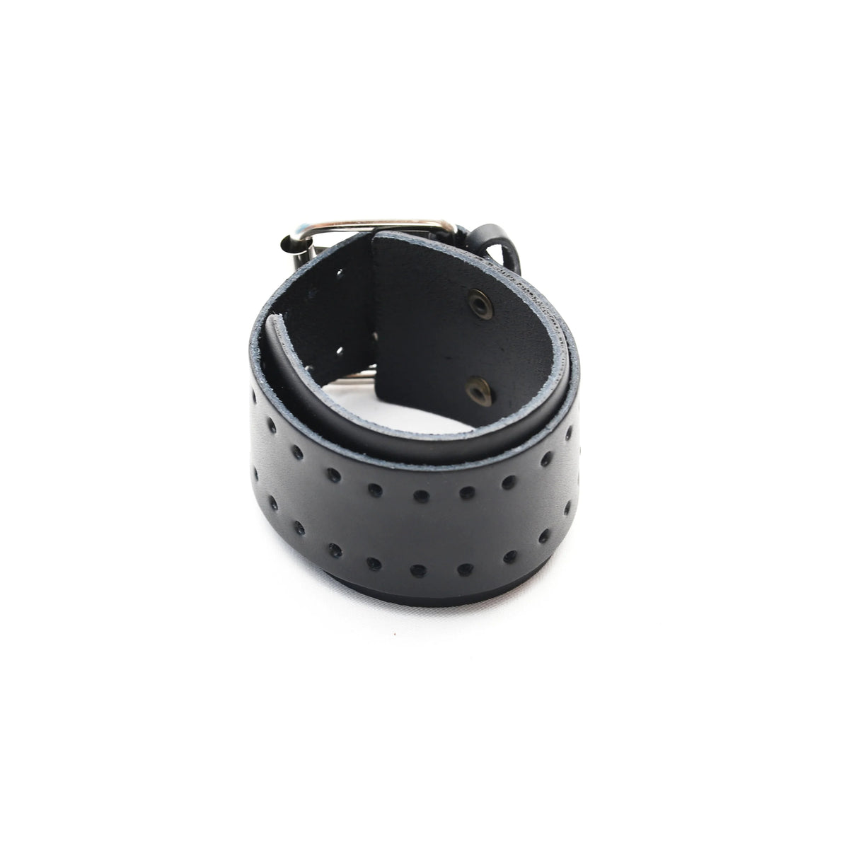 Black leather wristband with perforated holes and a metal buckle.