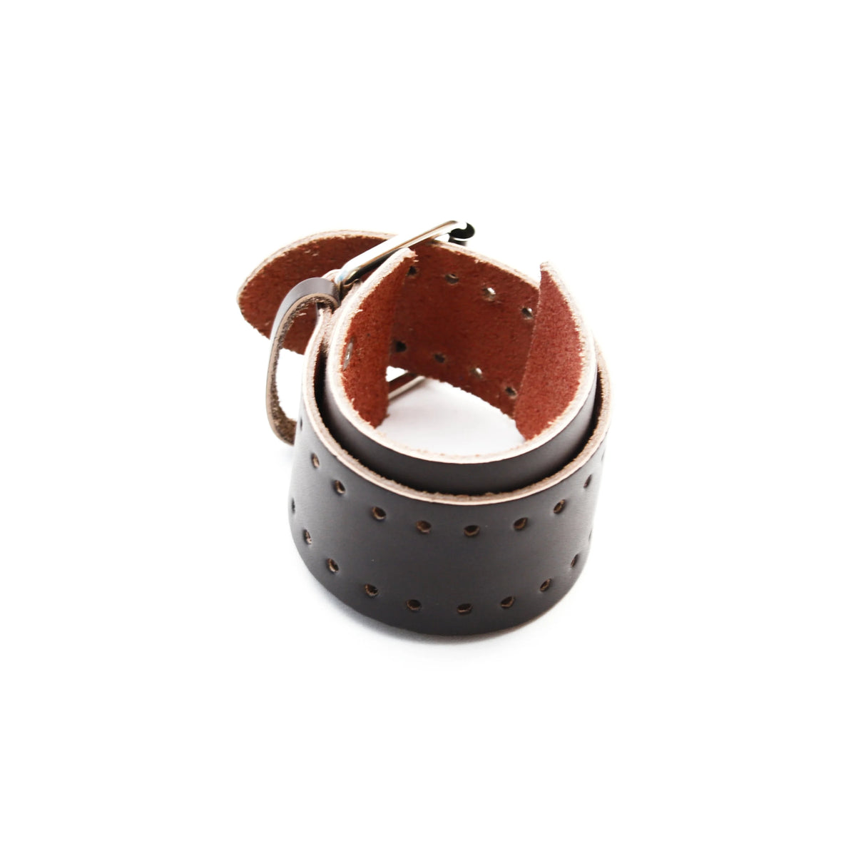 Wide leather belt with perforations and a metal buckle.