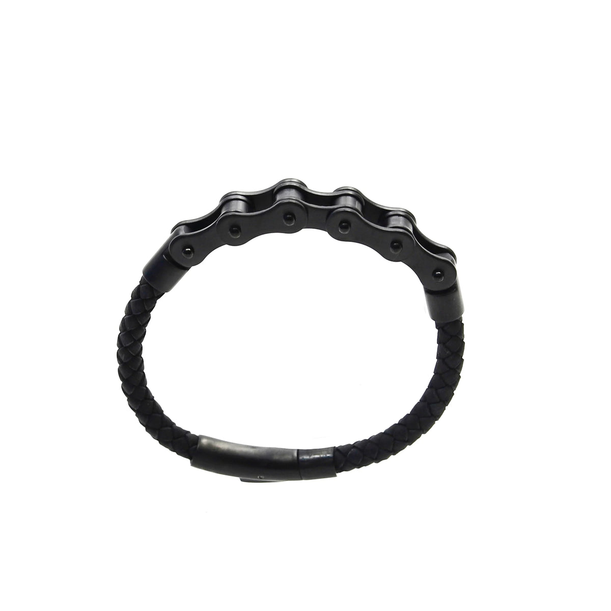 Black bracelet with a bicycle chain-like metal segment and braided cord band.