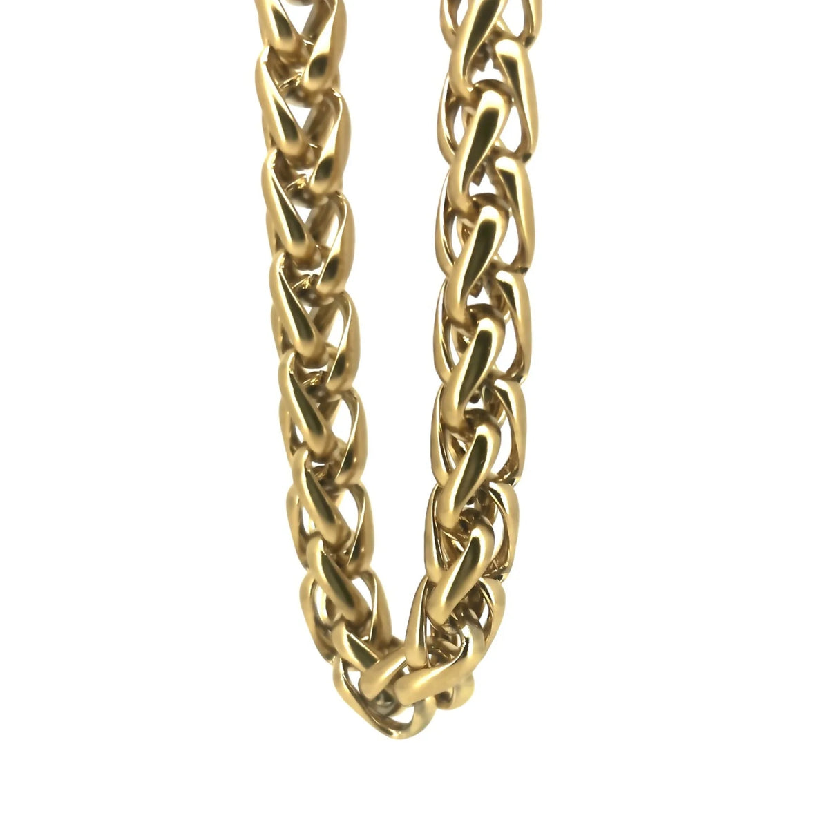 Gold chain necklace with braided links.