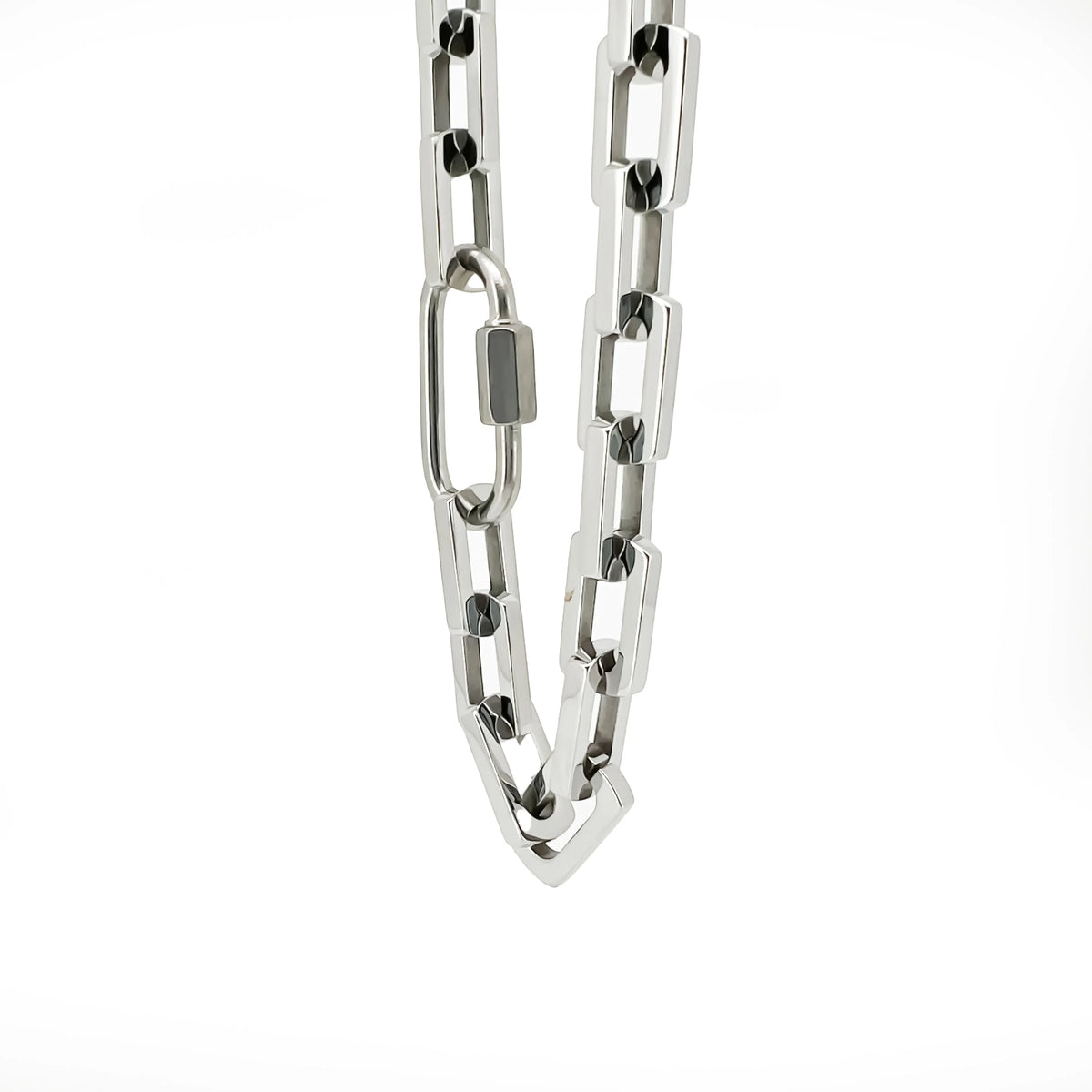 Silver chain necklace with rectangular links and a carabiner-style clasp.