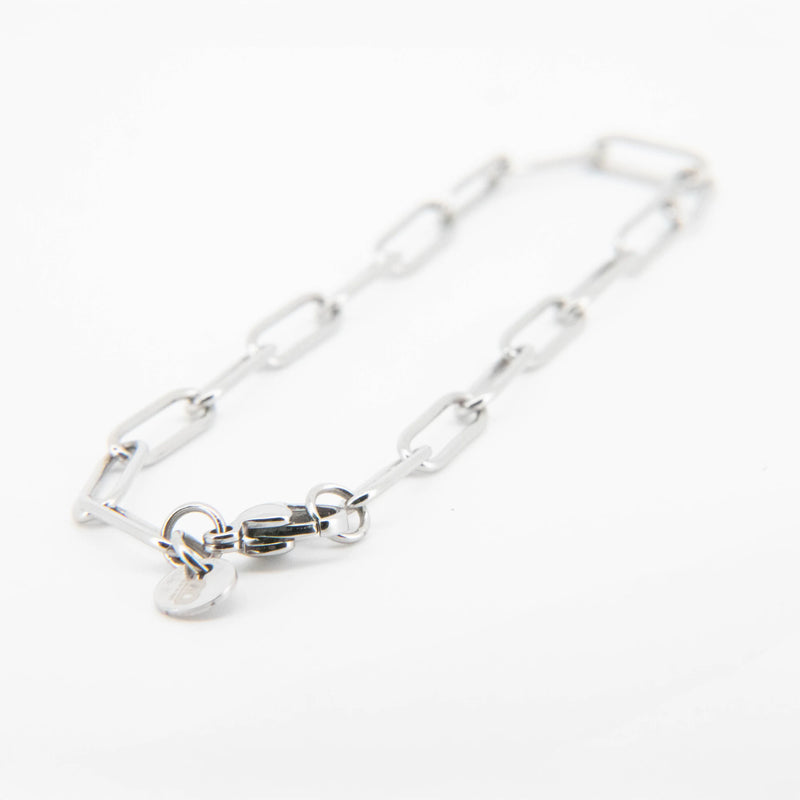 Silver chain-link bracelet.