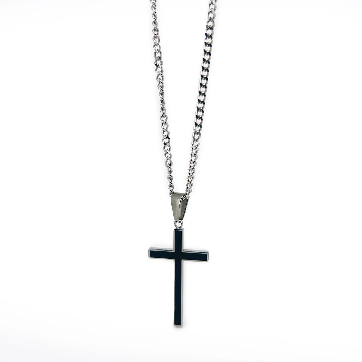 Silver chain necklace with a black cross pendant.