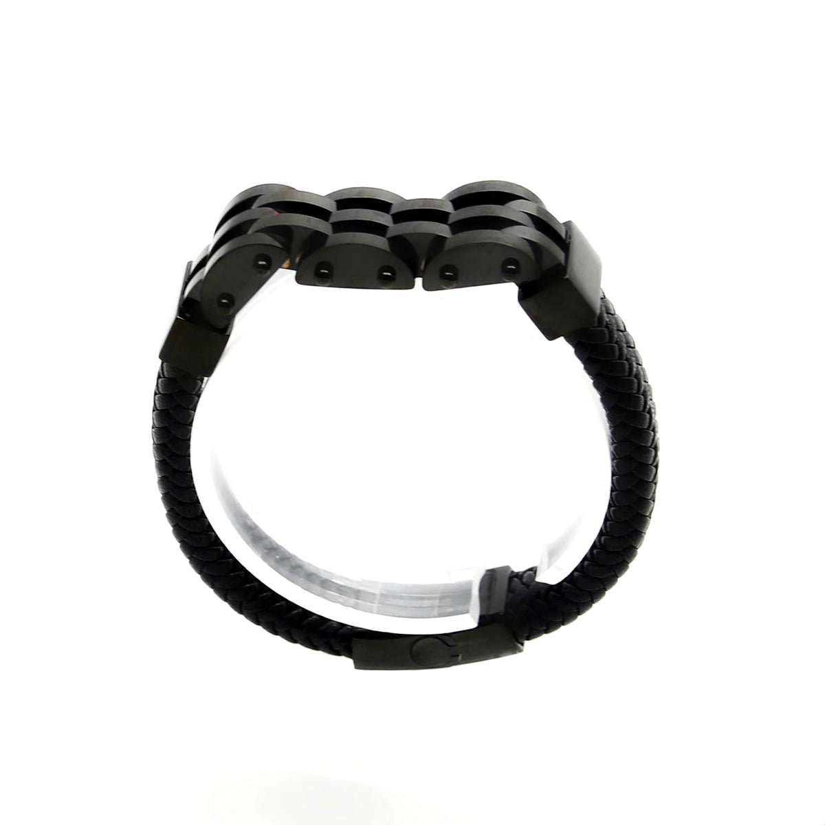 Black metal bracelet with a segmented, industrial-style design and a textured band.