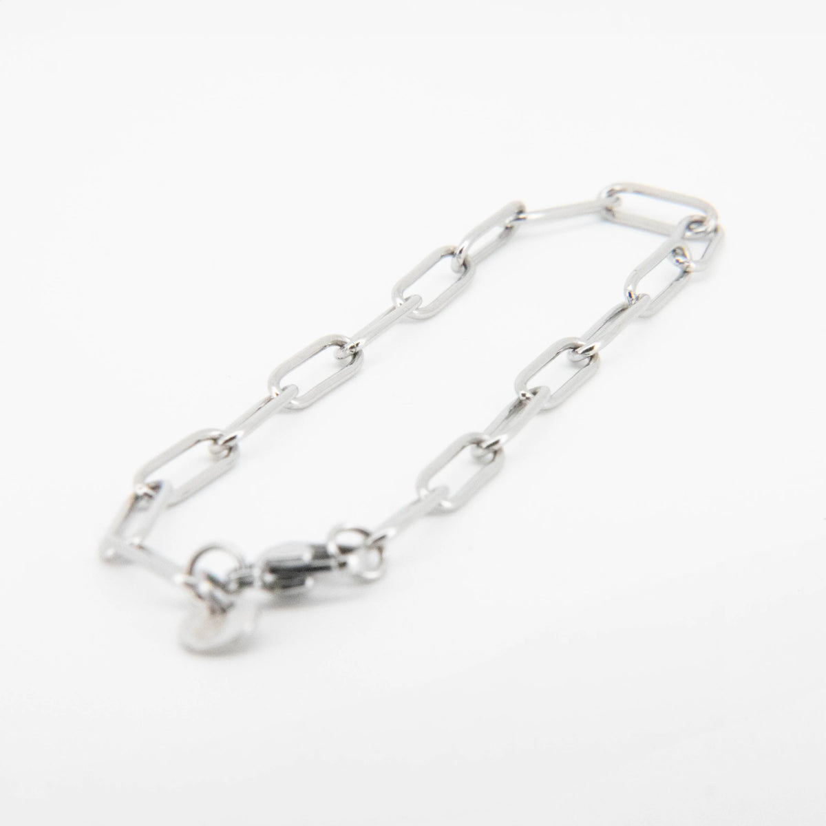 Silver chain bracelet with elongated oval links.