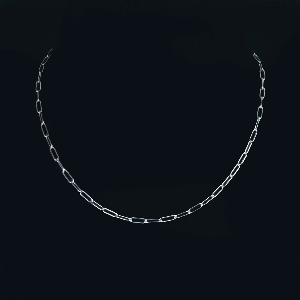 Silver chain necklace with elongated oval links.