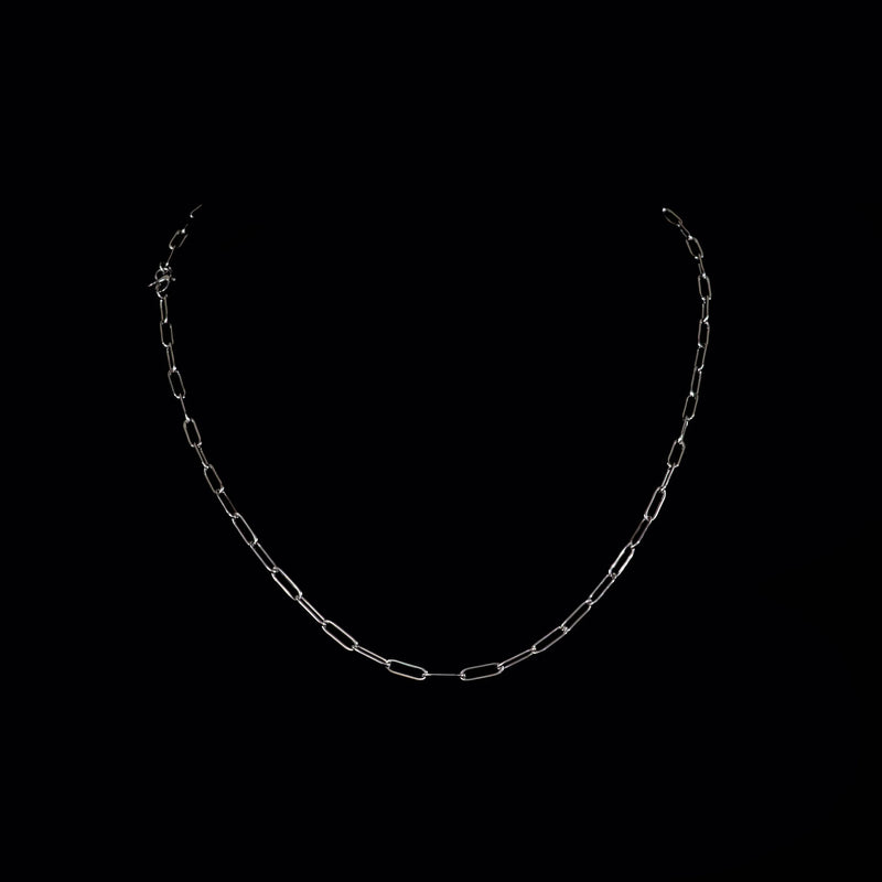 Silver chain necklace with elongated links.