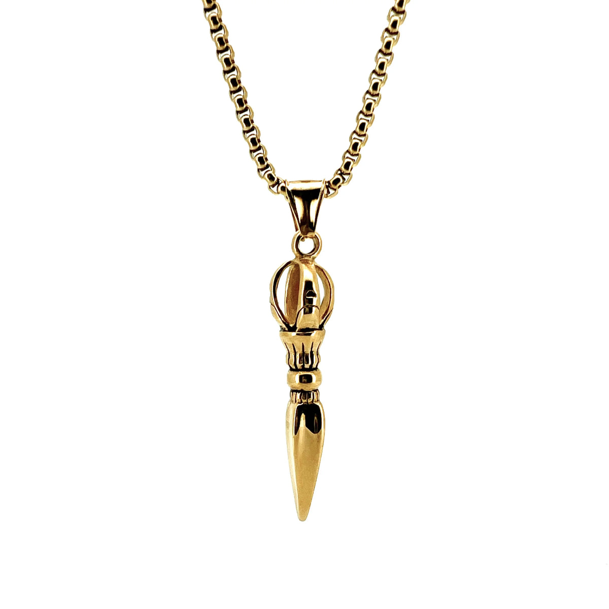 Gold pendant necklace featuring a decorative dagger or spike design.