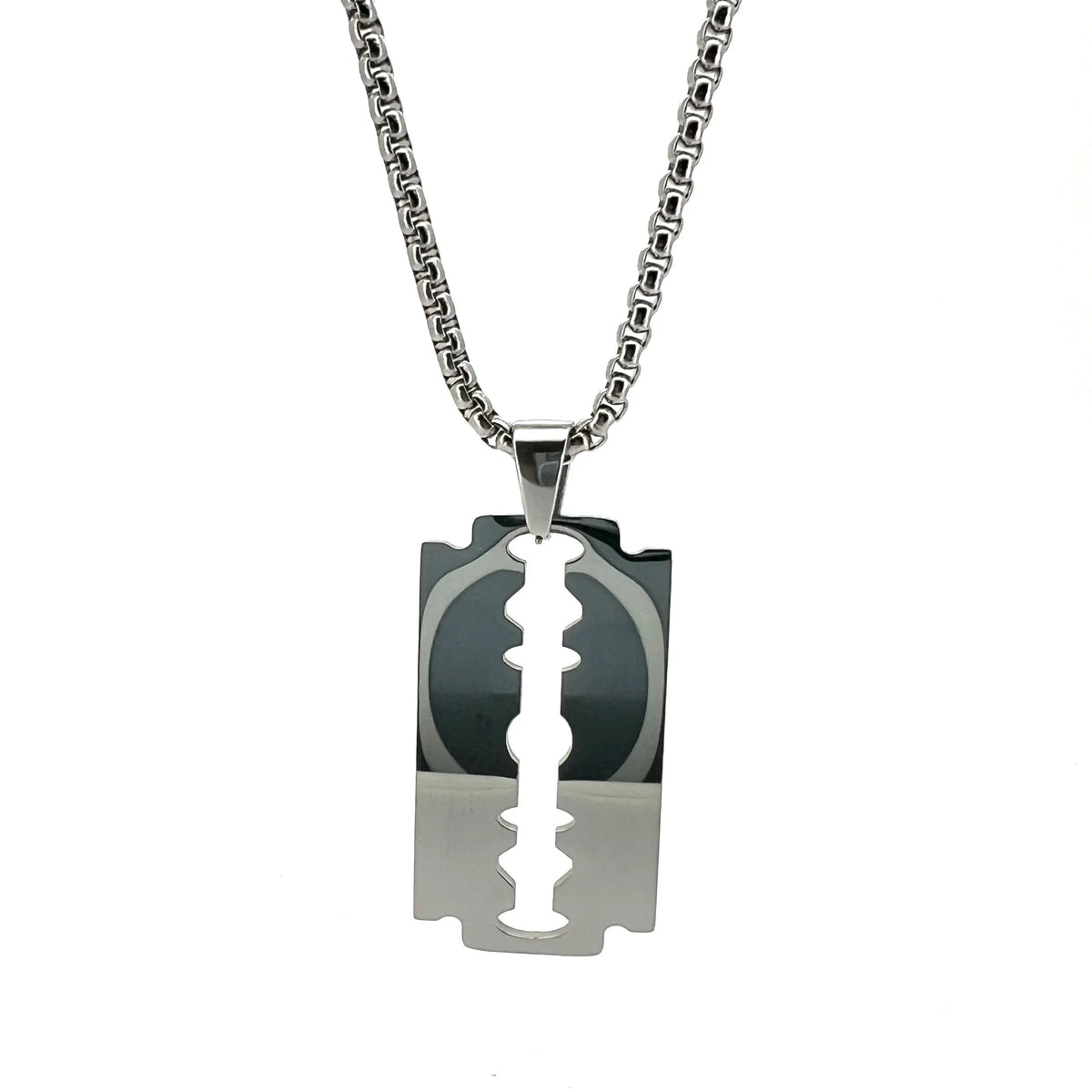 Razor blade-shaped pendant necklace with a silver chain.