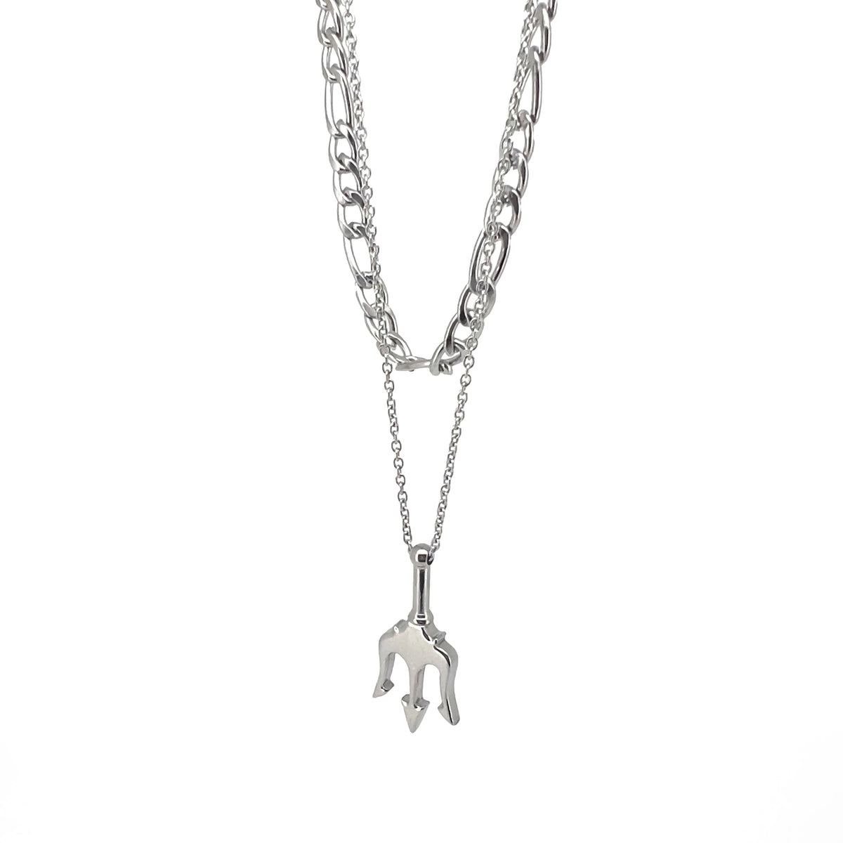 Silver necklace with a trident-shaped pendant.