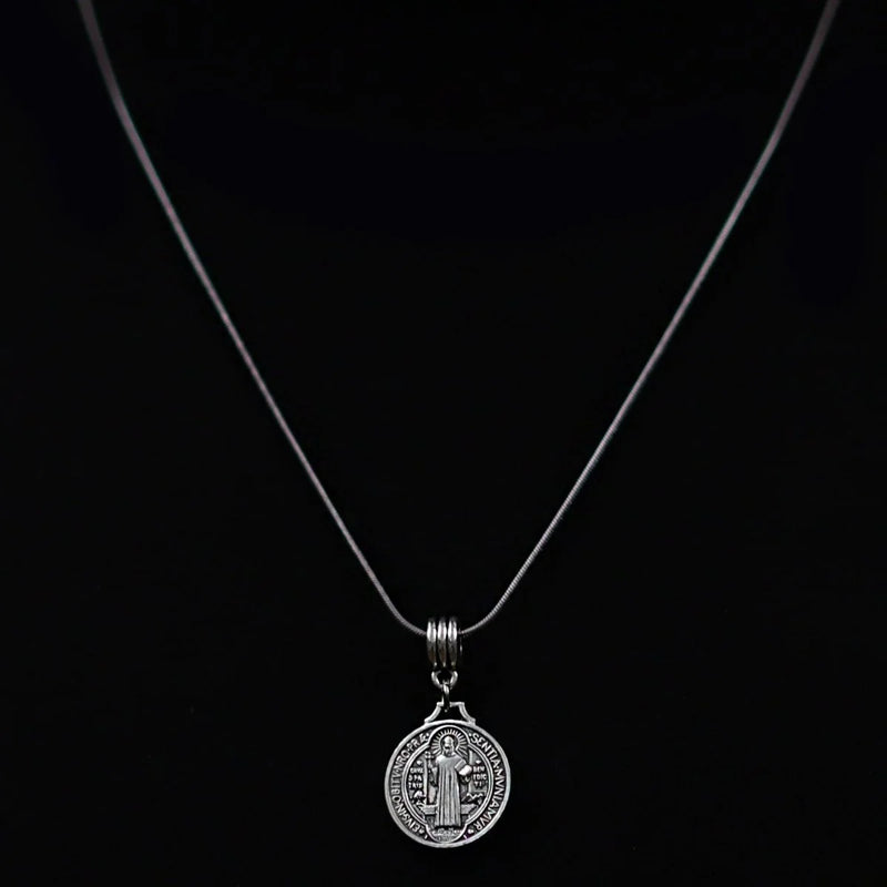 Silver medallion pendant on a thin chain necklace.