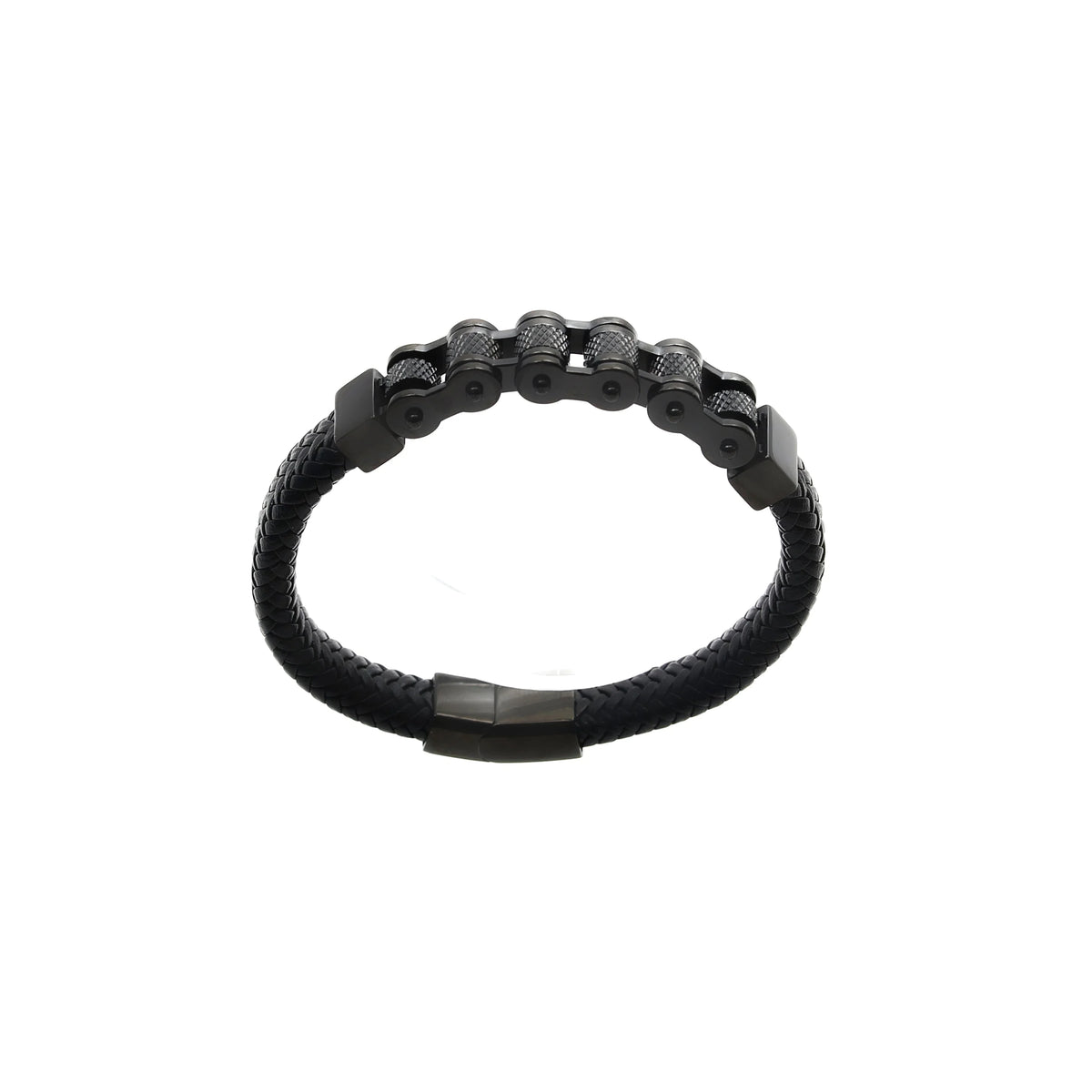 Black leather bracelet with metallic beaded accents.