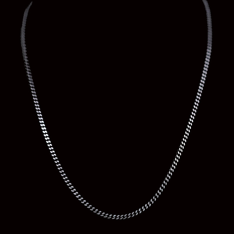 Silver chain necklace with small interlocking links.