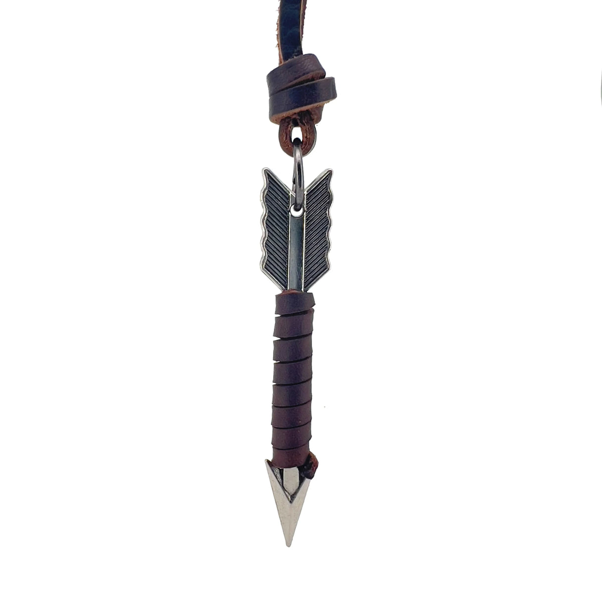 Arrow-shaped pendant with a leather-wrapped shaft and metallic arrowhead design.