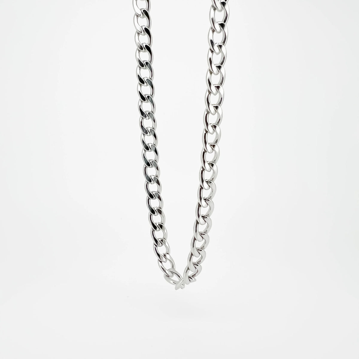 Silver chain necklace with interlocking links.