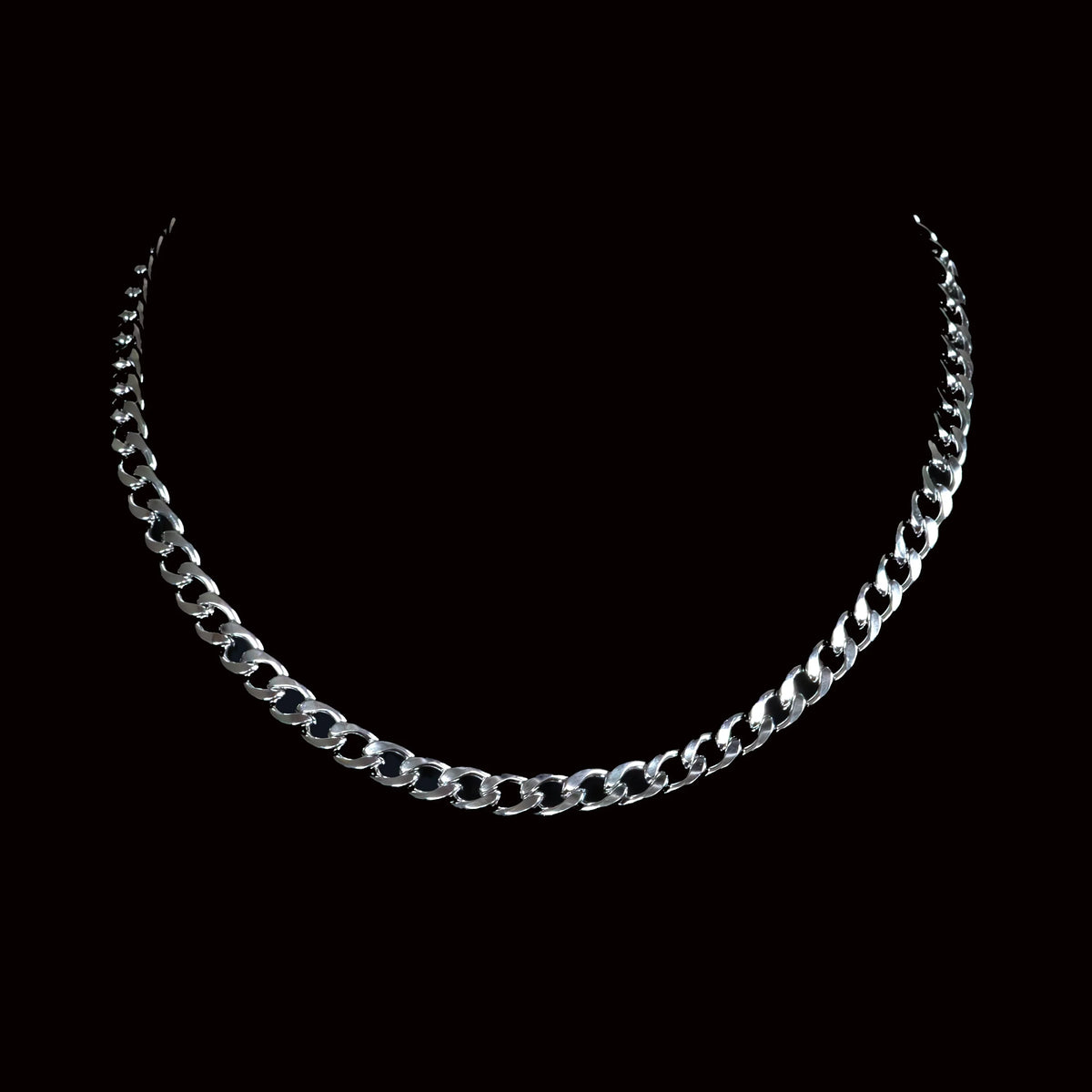 Silver chain necklace with interlocking links.