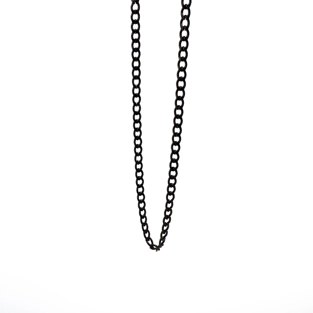 Black metal chain necklace with small links.